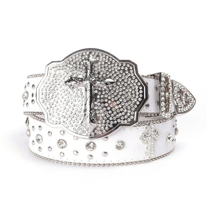 Shinning Cross Buckle Rhinestone Studded Leather Belt