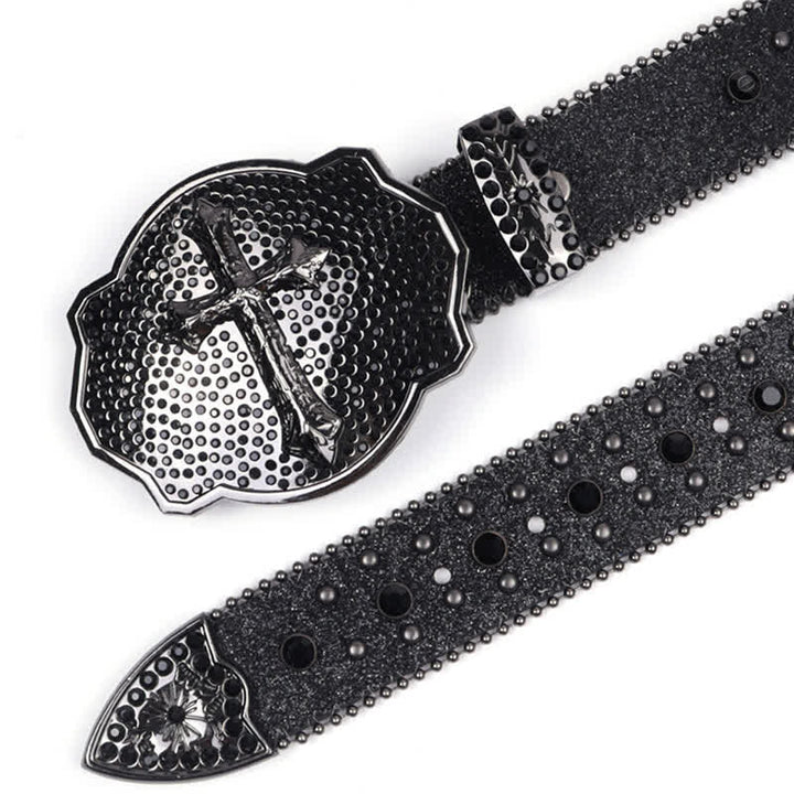 Shinning Cross Buckle Rhinestone Studded Leather Belt