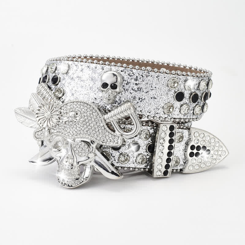 Punk Pirate Buckle Rhinestone Studded Leather Belt