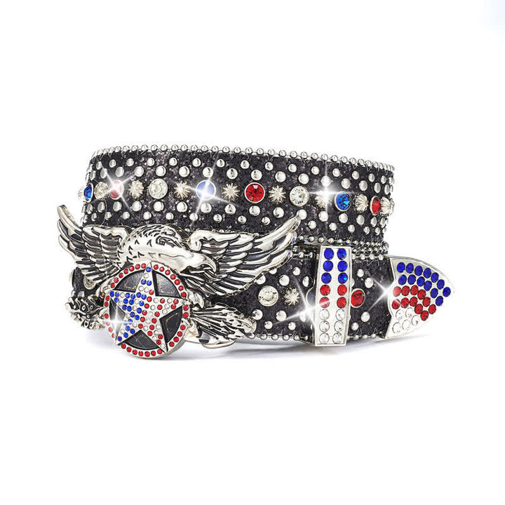 Eagle Buckle Red & Blue Star Sequin Rivets Leather Belt