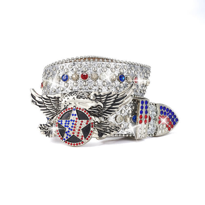 Eagle Buckle Red & Blue Star Sequin Rivets Leather Belt