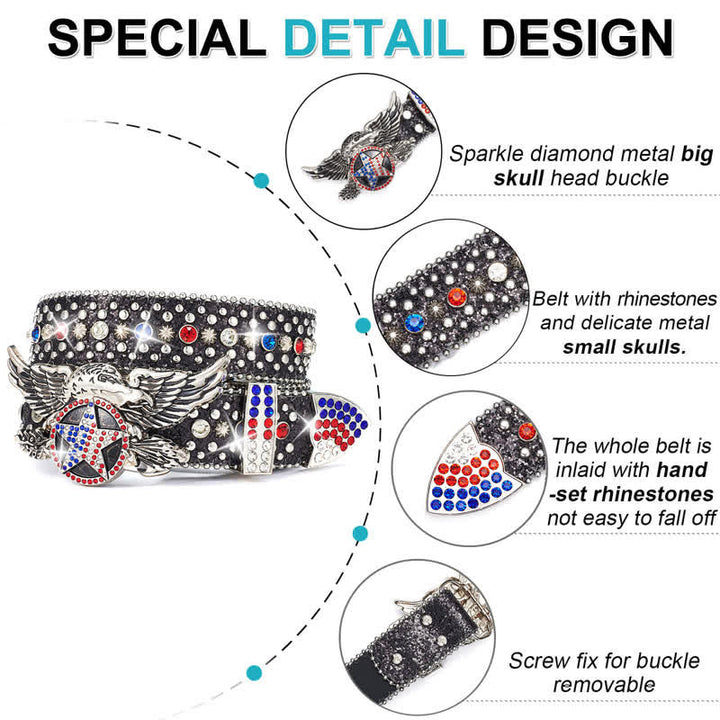 Eagle Buckle Red & Blue Star Sequin Rivets Leather Belt