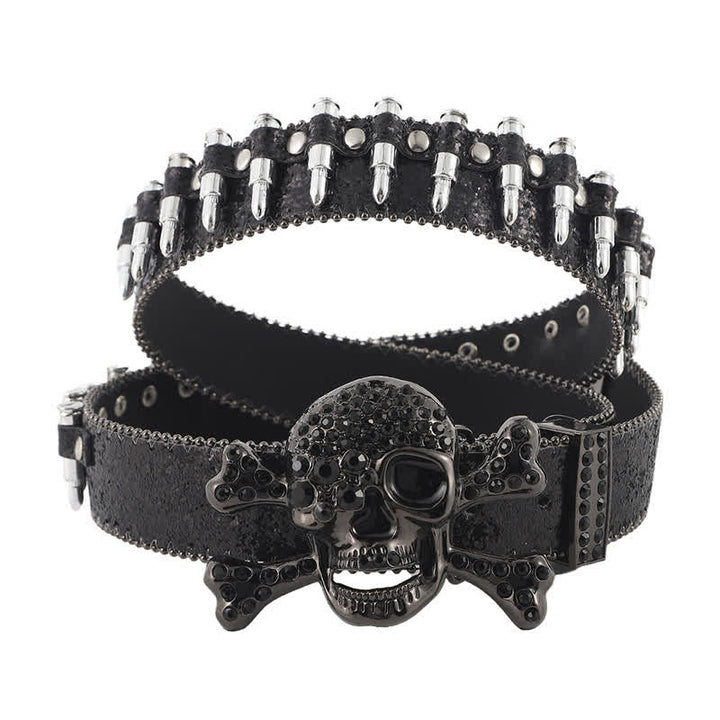 Rock Skull Rhinstones Buckle Bullet-Shaped Rivets Leather Belt