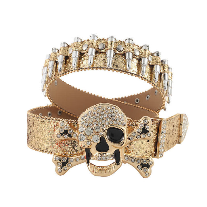 Rock Skull Rhinstones Buckle Bullet-Shaped Rivets Leather Belt