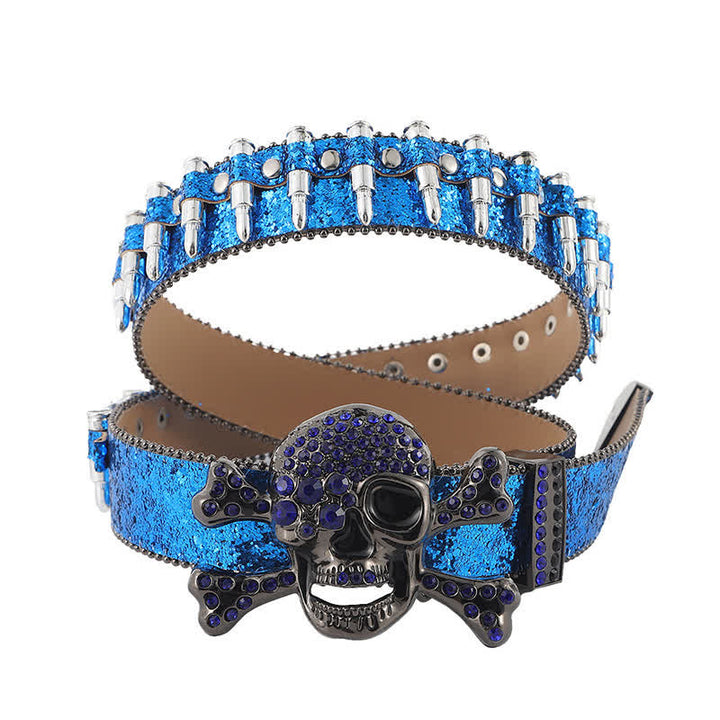 Rock Skull Rhinstones Buckle Bullet-Shaped Rivets Leather Belt