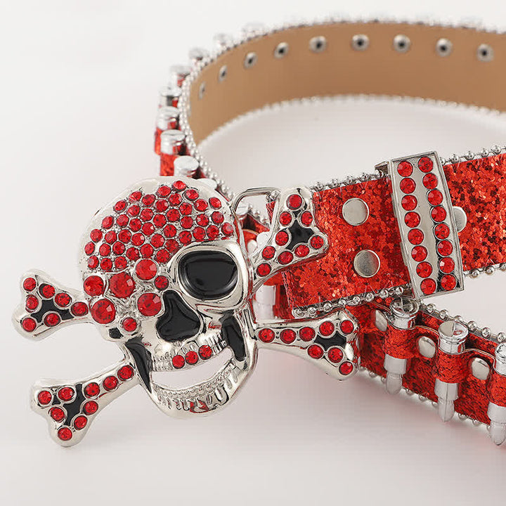 Rock Skull Rhinstones Buckle Bullet-Shaped Rivets Leather Belt