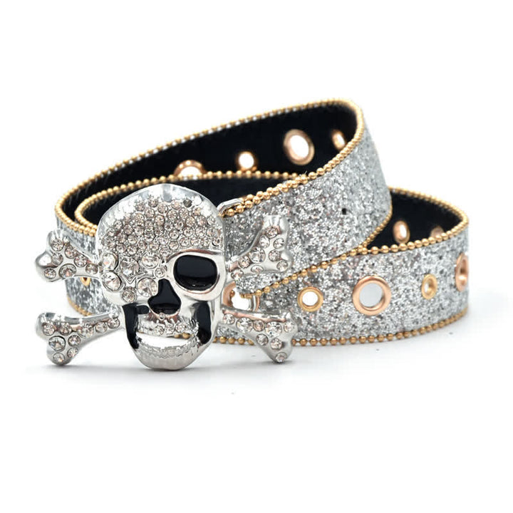 Skull Head Buckle Gold Bead Brim Sequin Leather Belt