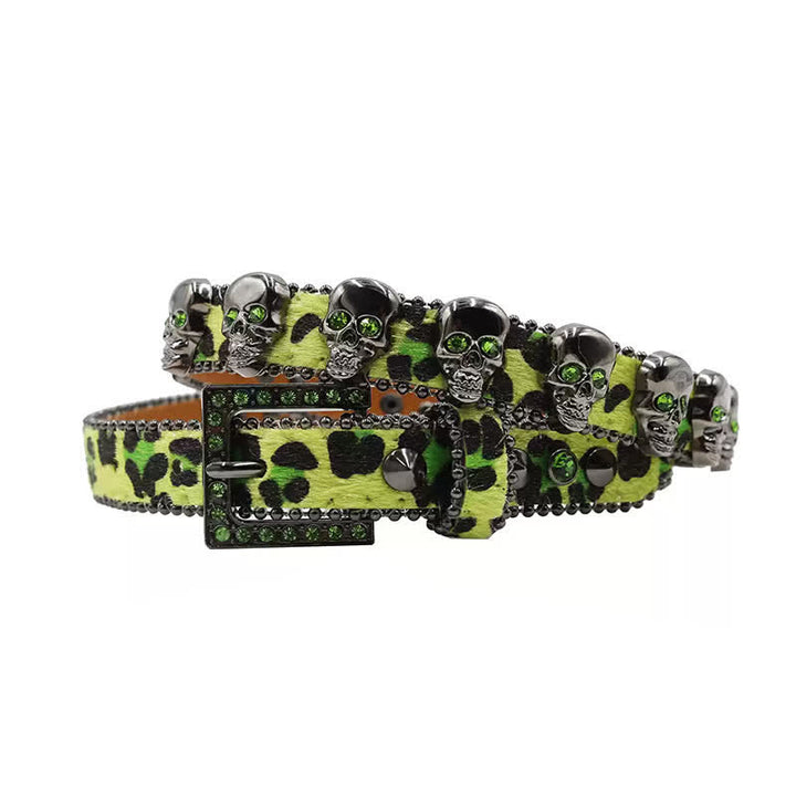 Fancy Gothic Skull Head Rivets Leopard Print Leather Belt