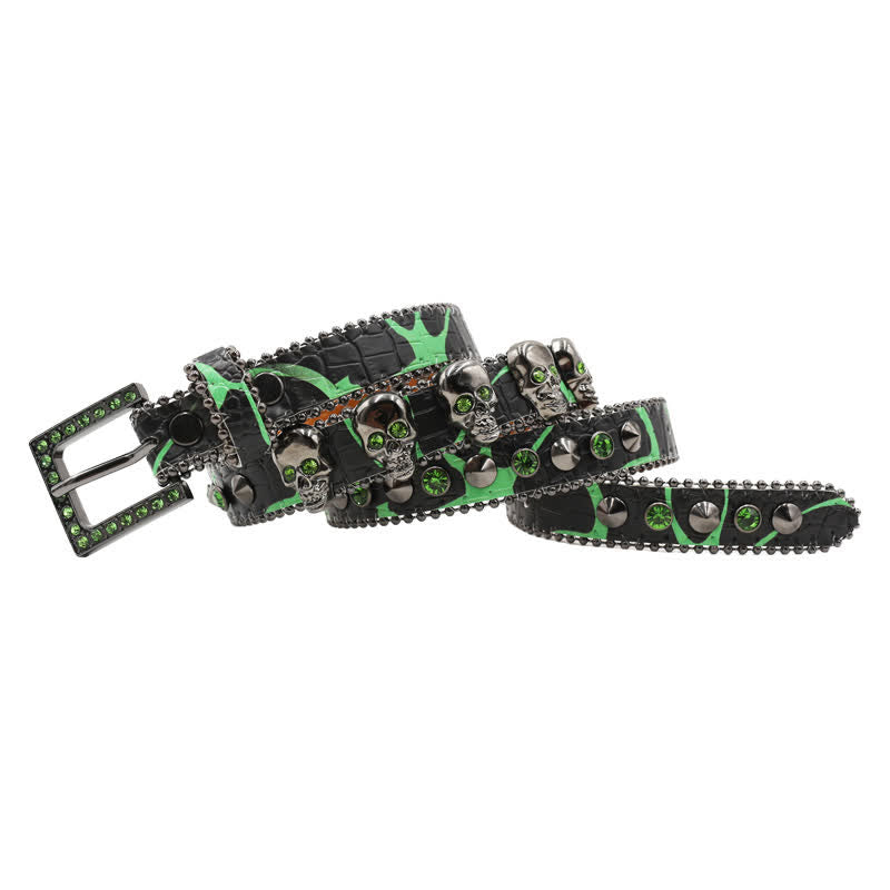 Fancy Gothic Skull Head Rivets Leopard Print Leather Belt