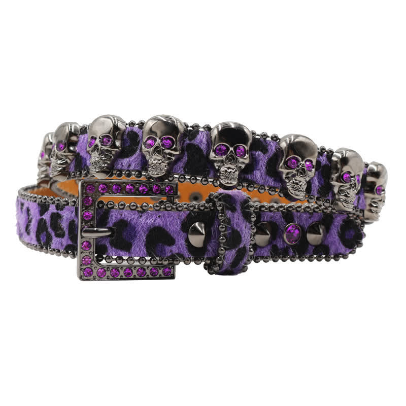 Fancy Gothic Skull Head Rivets Leopard Print Leather Belt