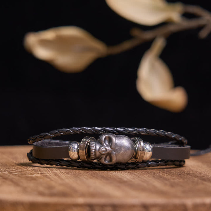 Fashion Skull Animal Head Poker Black Leather Bracelet