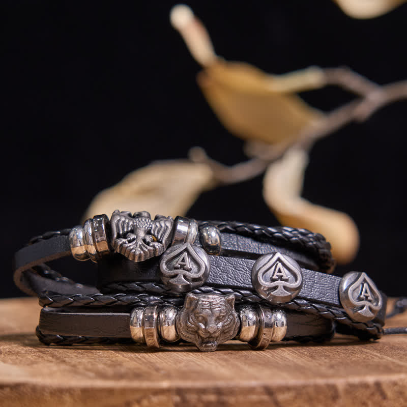 Fashion Skull Animal Head Poker Black Leather Bracelet