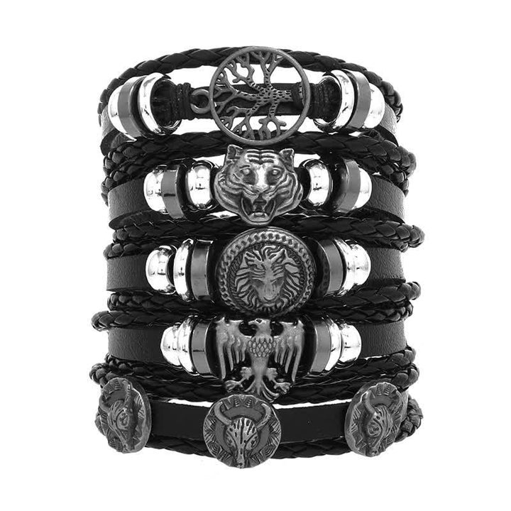 Fashion Skull Animal Head Poker Black Leather Bracelet