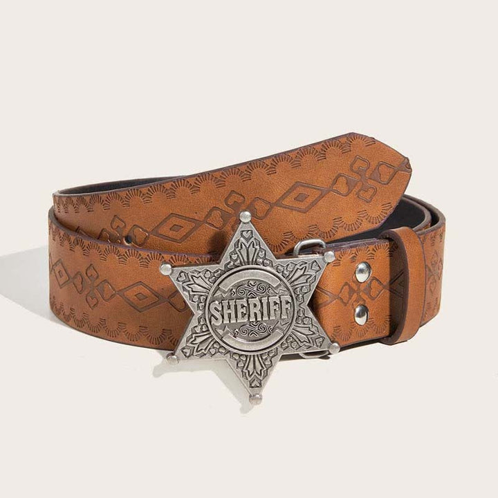 Brown Textured Hexagonal Star Buckle Leather Belt