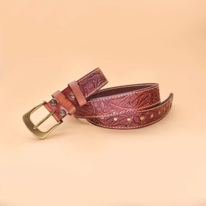 Classic Western Floral Design Embossed Leather Belt