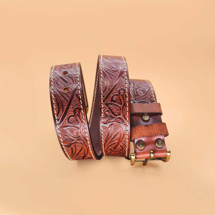 Classic Western Floral Design Embossed Leather Belt