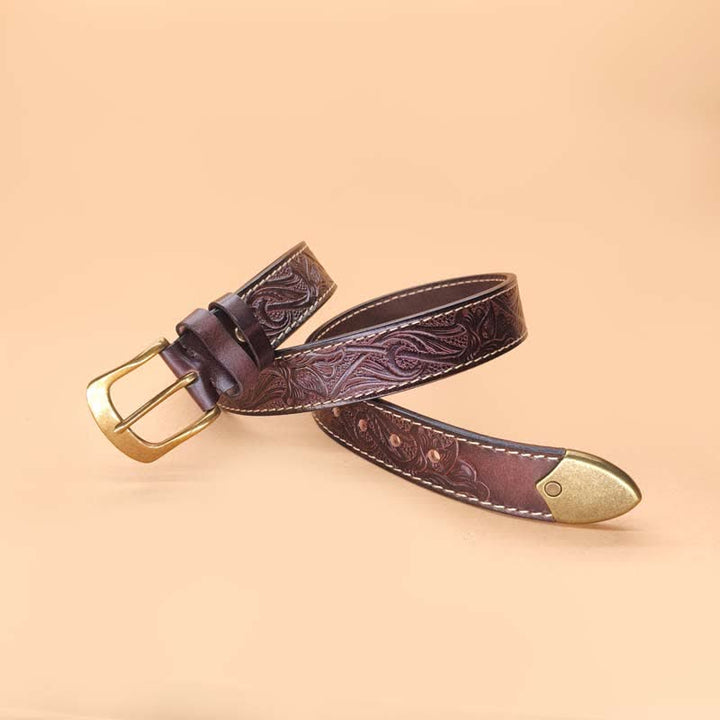 Classic Western Floral Design Embossed Leather Belt