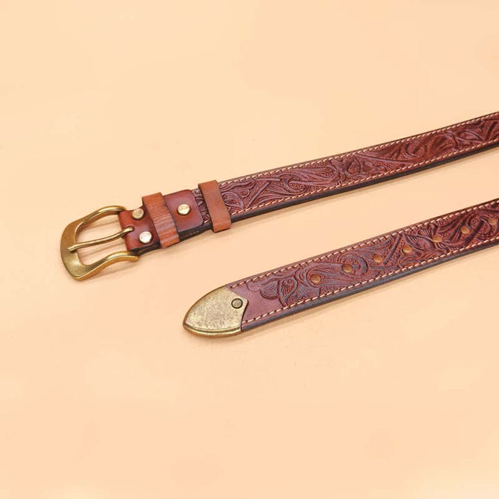 Classic Western Floral Design Embossed Leather Belt