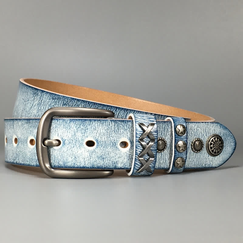 Retro Old White Rubbed Blue Silver Rivets Leather Belt