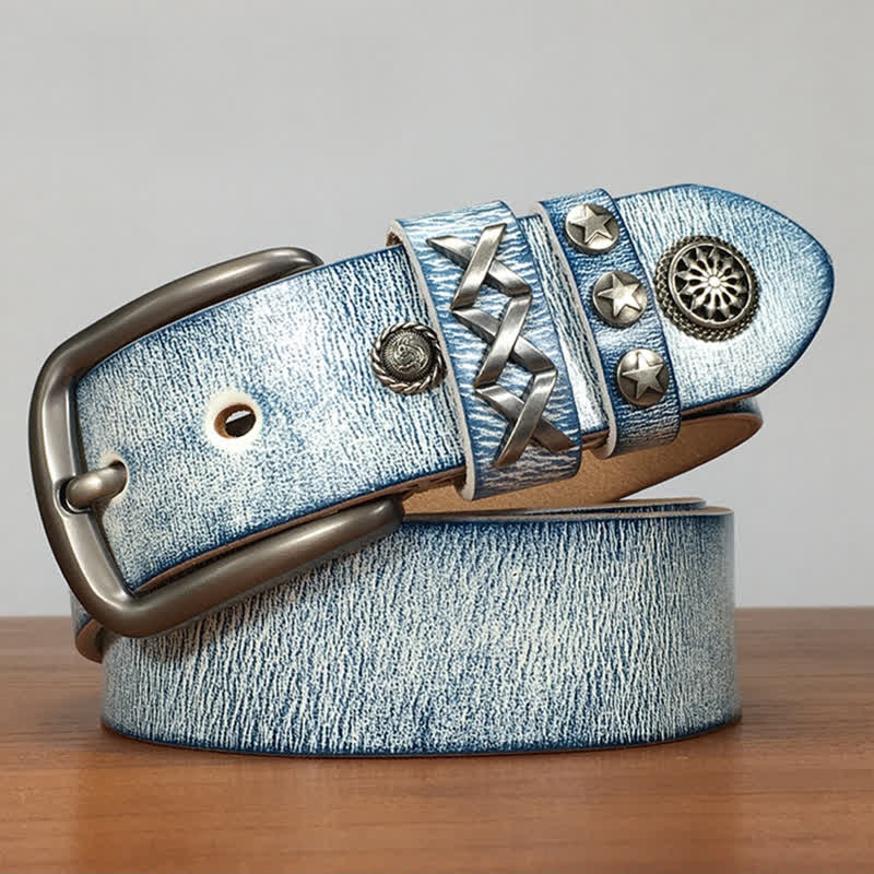 Retro Old White Rubbed Blue Silver Rivets Leather Belt