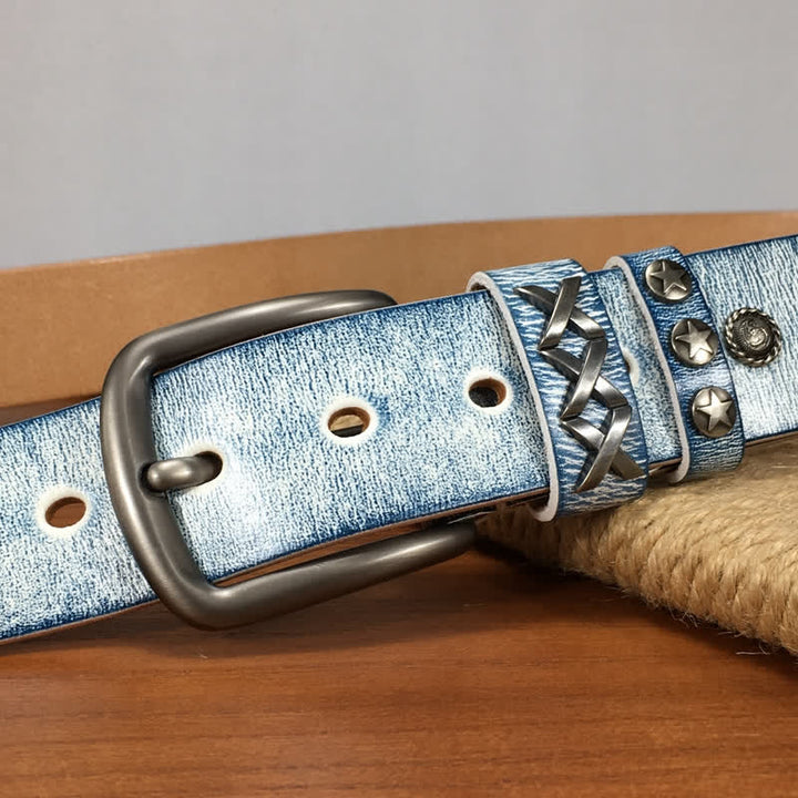 Retro Old White Rubbed Blue Silver Rivets Leather Belt