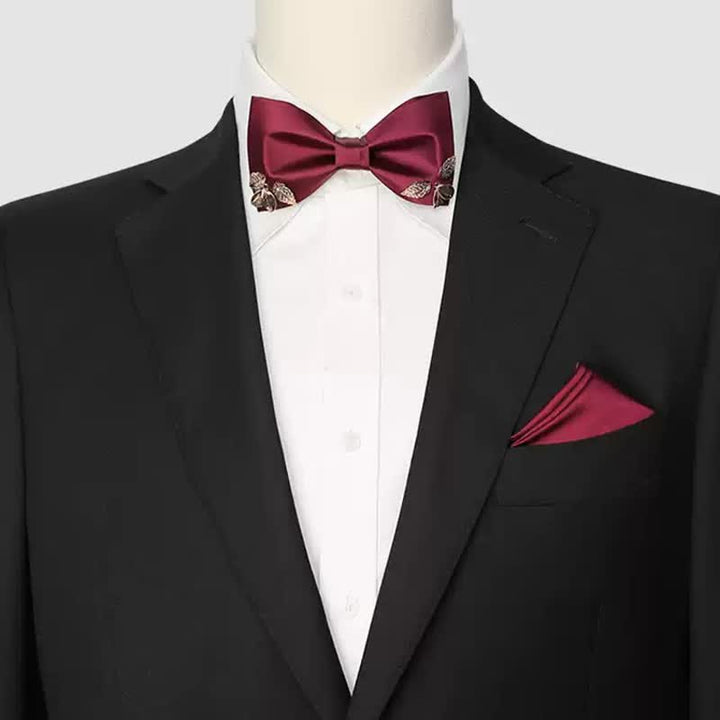 Men's Burgundy Metal Leaves Embellishment Bow Tie