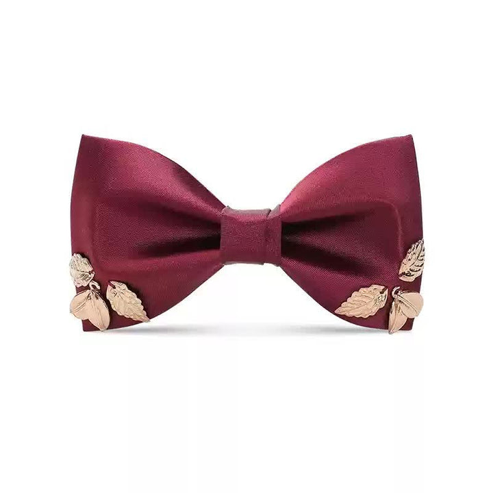 Men's Burgundy Metal Leaves Embellishment Bow Tie