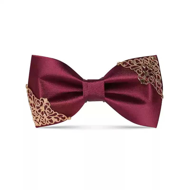 Men's Burgundy Metal Leaves Embellishment Bow Tie