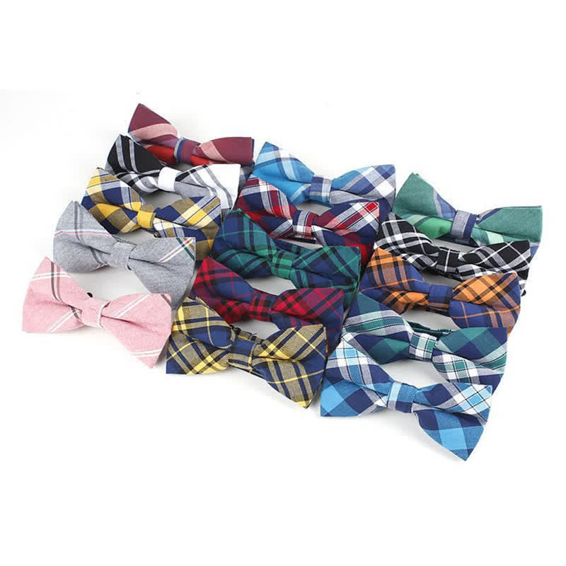 Men's Trendy Plaid Pattern Bow Tie Handkerchief Necktie