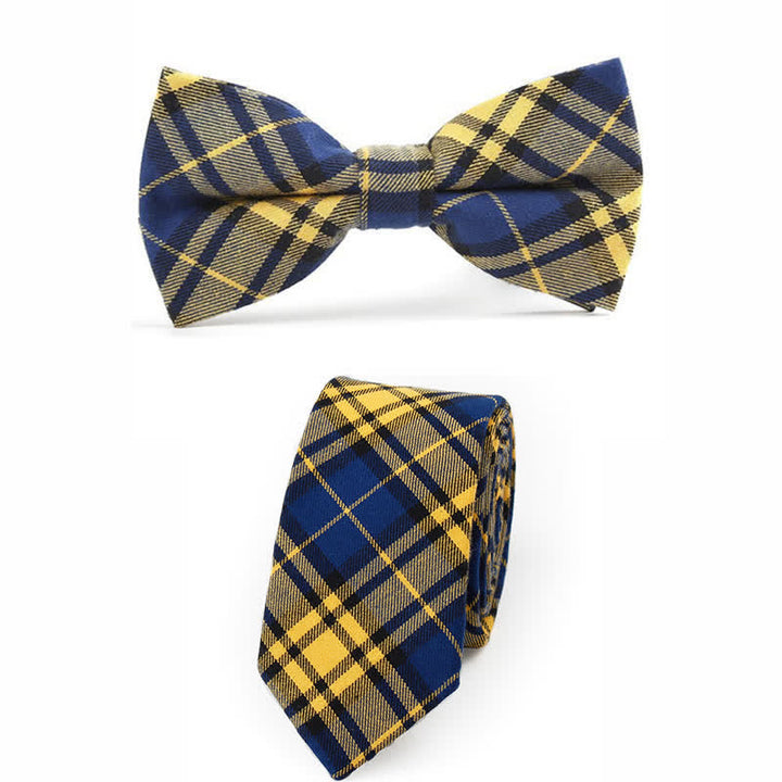 Men's Trendy Plaid Pattern Bow Tie Handkerchief Necktie