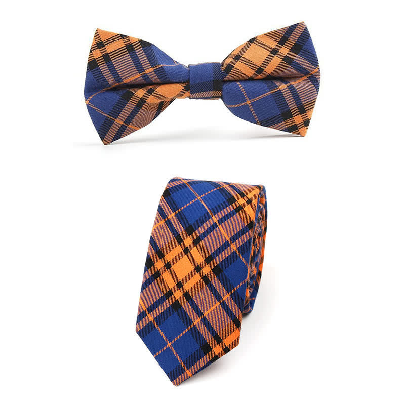 Men's Trendy Plaid Pattern Bow Tie Handkerchief Necktie