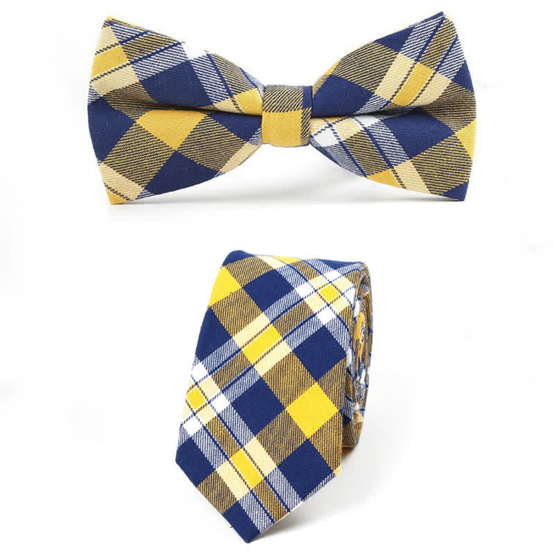 Men's Trendy Plaid Pattern Bow Tie Handkerchief Necktie