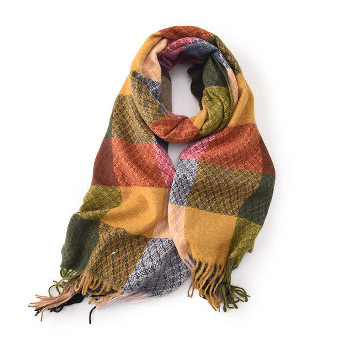 Unisex Contrasting Colors Checked Elegant Fringe Scarf