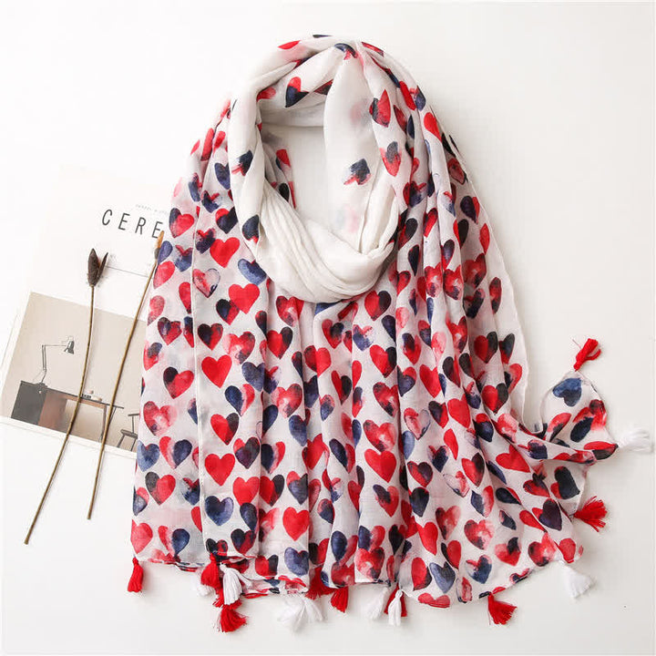 Women's Happiness Red Heart Tassel Thin Scarf