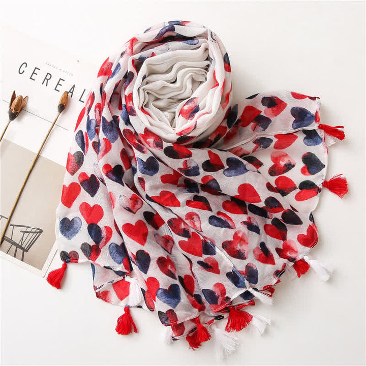 Women's Happiness Red Heart Tassel Thin Scarf