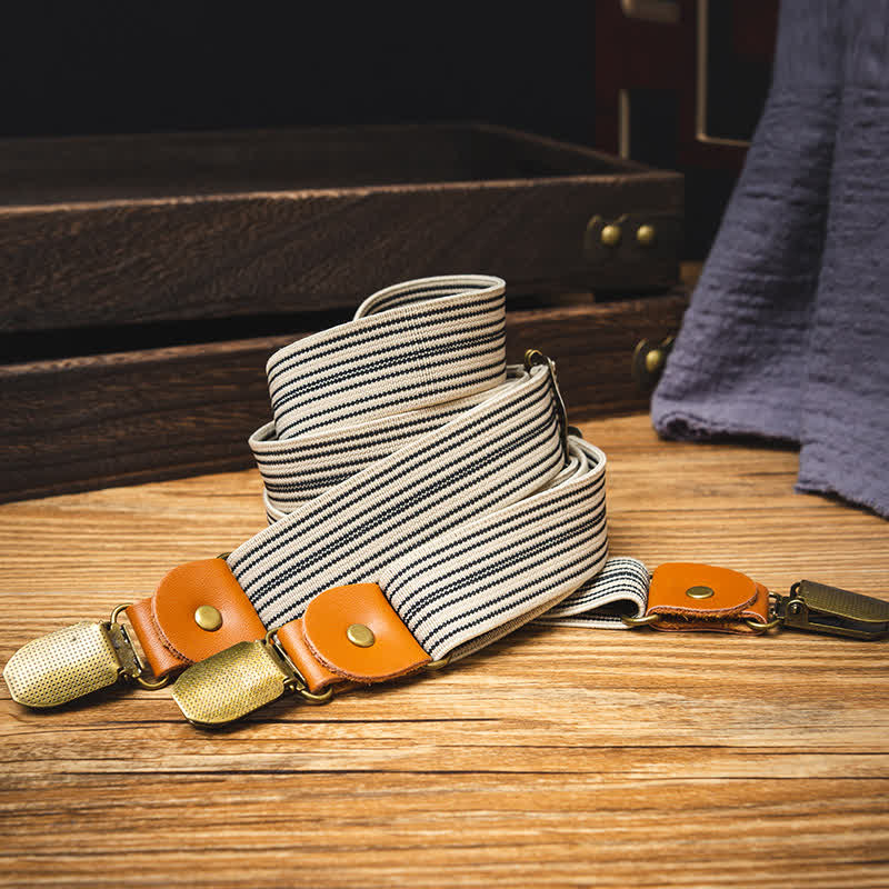 Vintage Light Brown Striped Y-back Elastic Suspenders