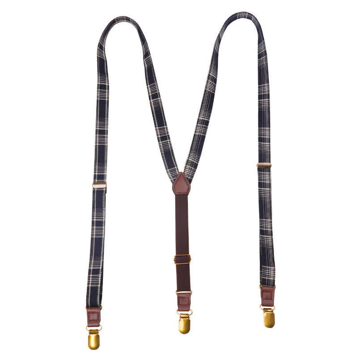 Black Gray Plaid Pattern Y-back Elastic Suspenders