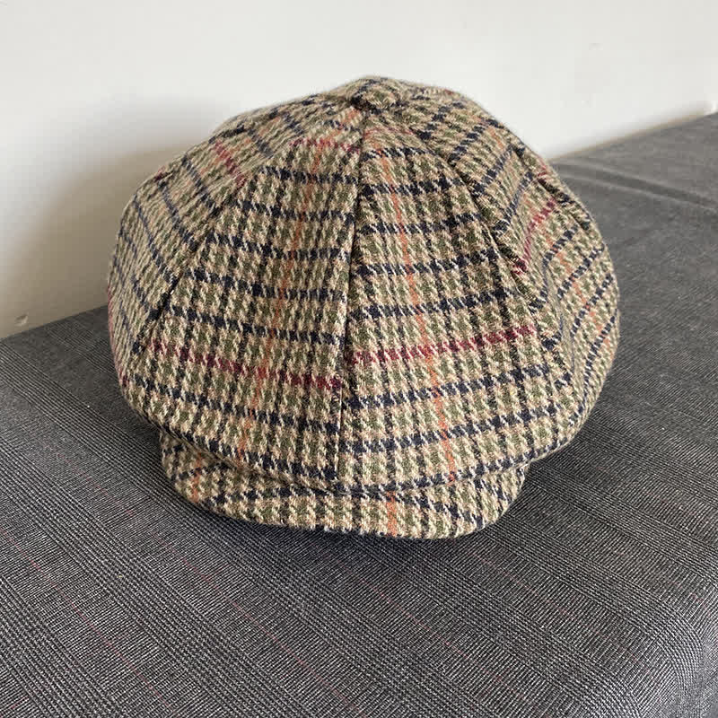 Beige Scottish Plaid Tweed Newsboy Beret Cap