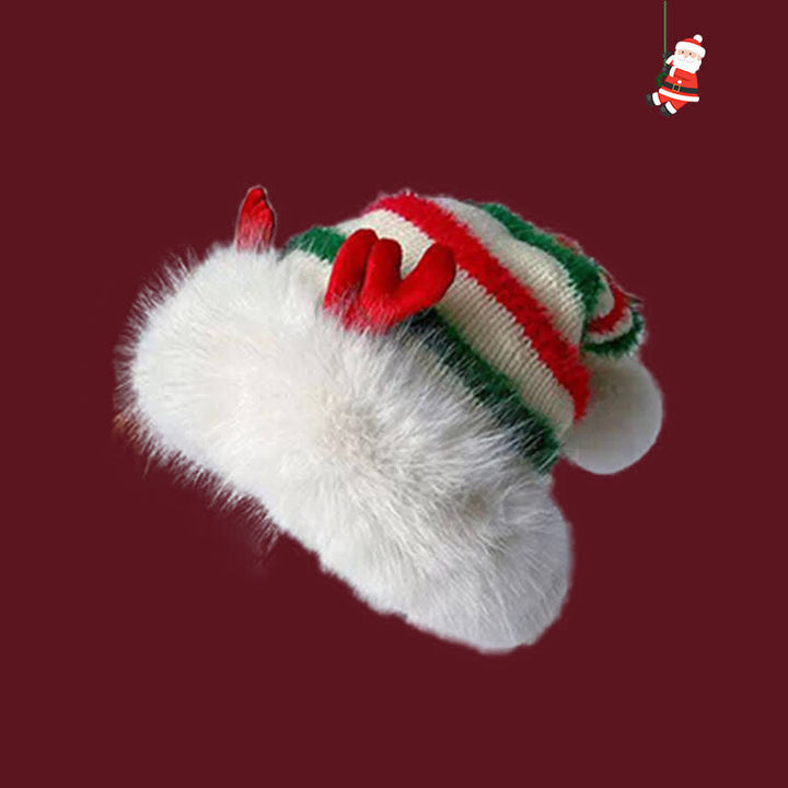 Multicolor Striped Christmas Elk Antler Knitted Hat