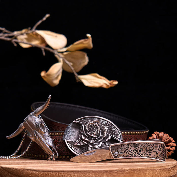 Western Gadget DIY Hidden Knife Buckle Longhorn Bull Pendant Bundle Set  - Rose - Brown Rivet Belt - 40 - image 23