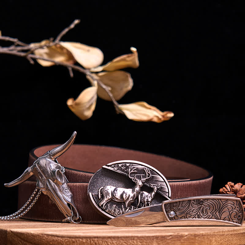 Western Gadget DIY Hidden Knife Buckle Longhorn Bull Pendant Bundle Set  - Dual Deers - Brown Distressed Belt - 40 - image 12