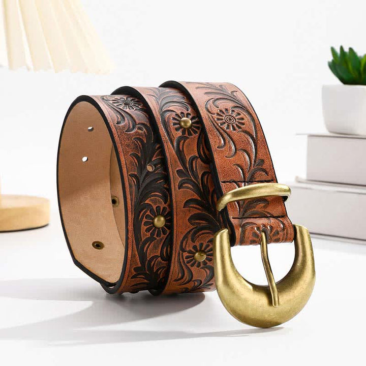 Brown Daisy Floral Bronze Rivet Leather Belt