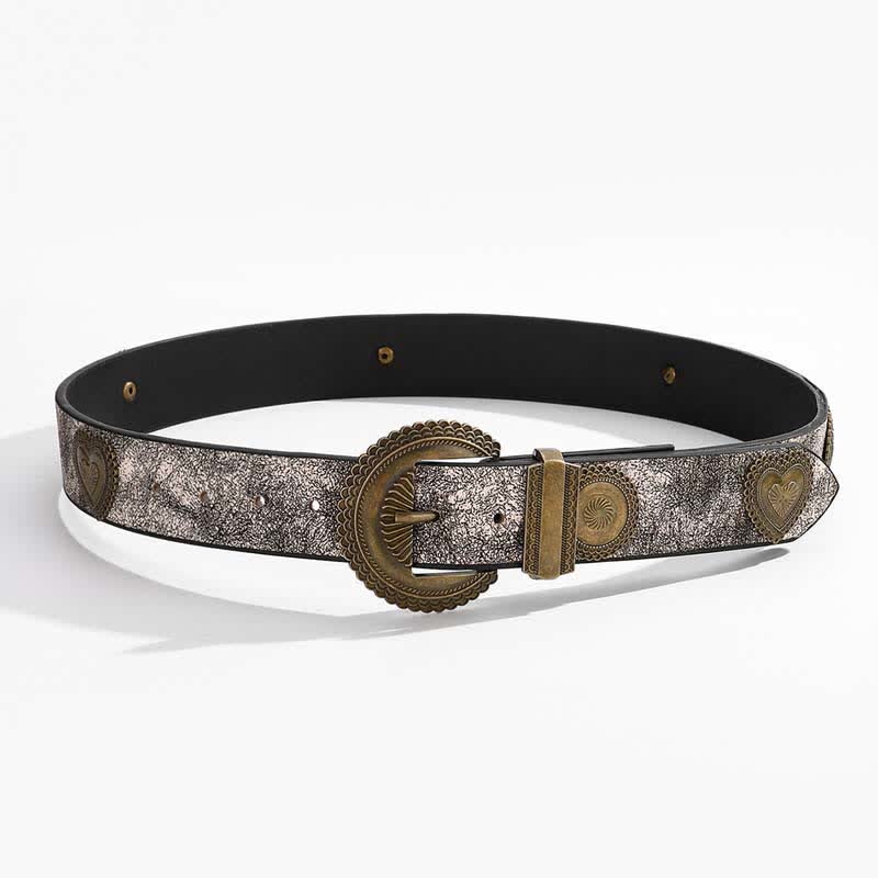 Round & Heart Rivets Inlaid Floral Print Leather Belt