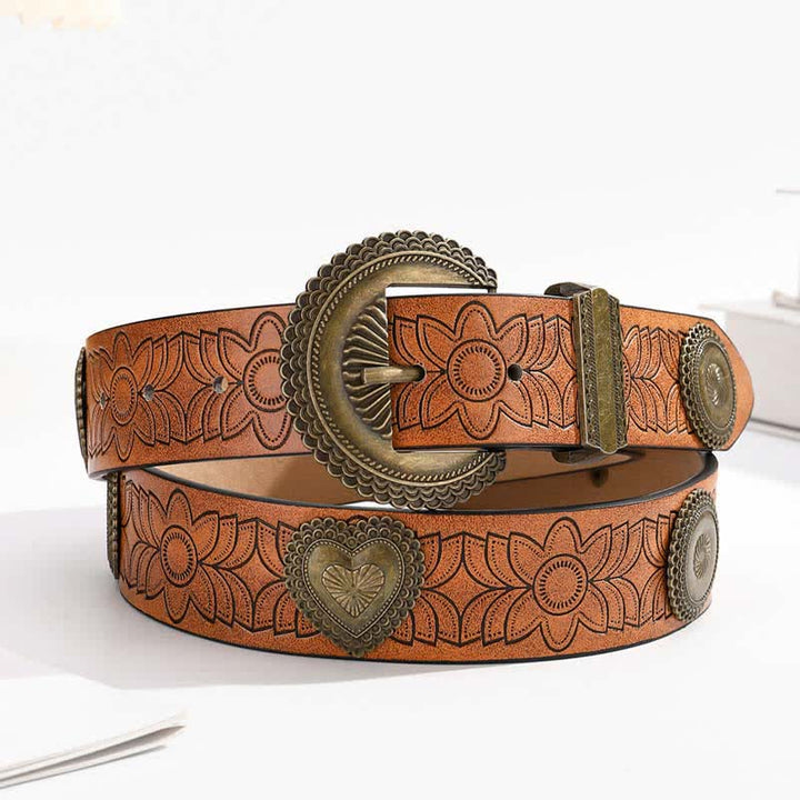 Round & Heart Rivets Inlaid Floral Print Leather Belt