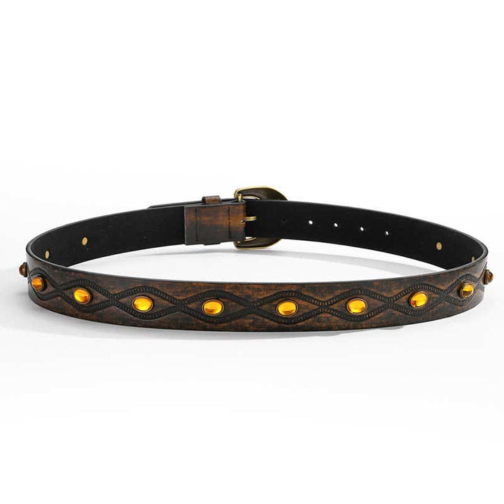 Dark Coffee Bright Gemstone Rivets Leather Belt