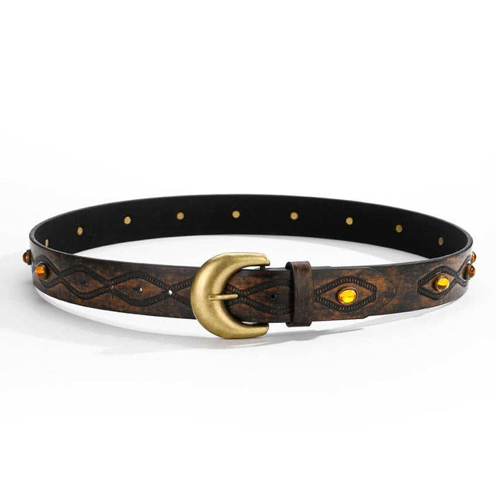 Dark Coffee Bright Gemstone Rivets Leather Belt