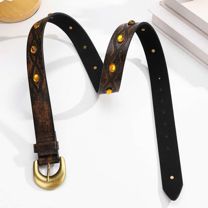 Dark Coffee Bright Gemstone Rivets Leather Belt