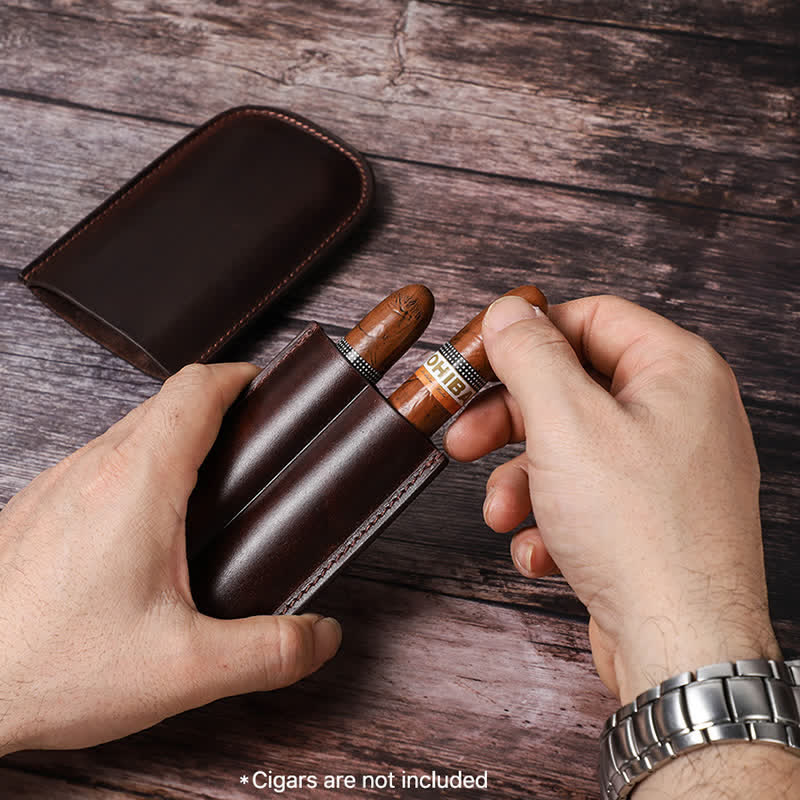 Brown Portable Cigar Humidor Leather Cigar Case (for Two Cigars)