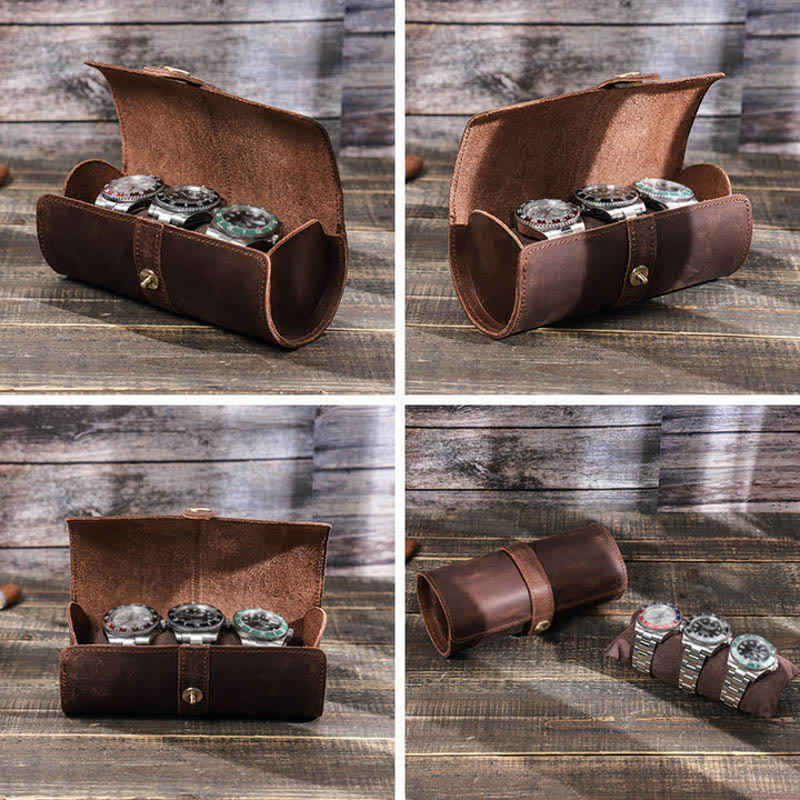 Custom Engraving Three Watch Roll Travel Leather Watch Case