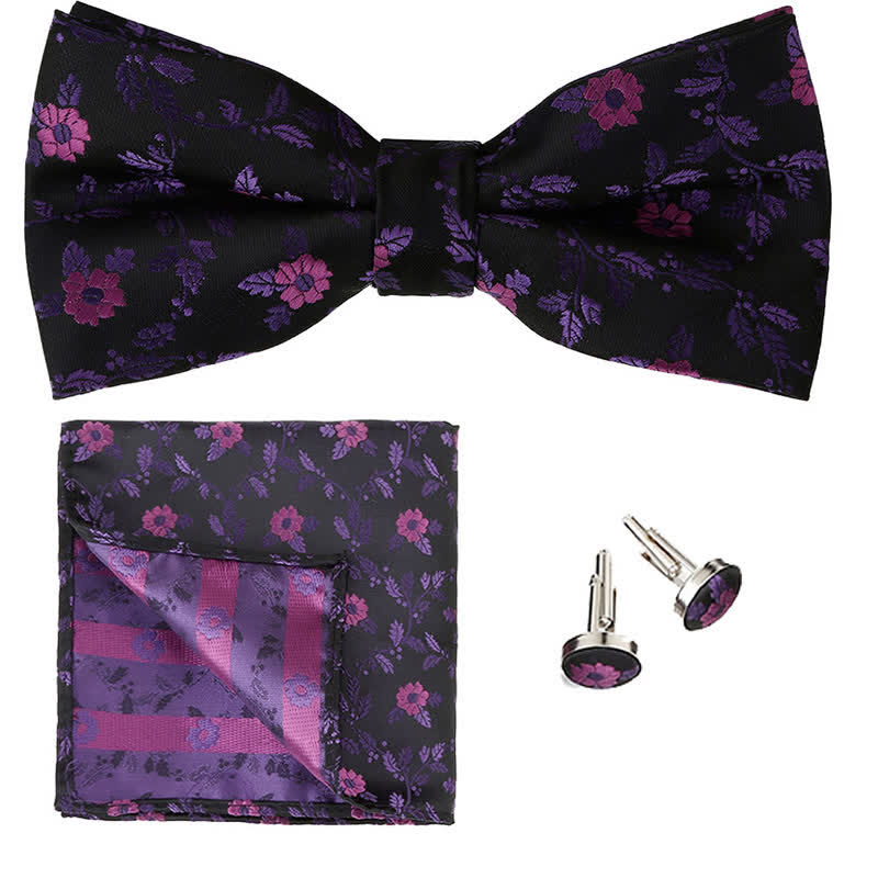 3Pcs Men's Coloured Flowers Pocket Square Bow Tie Set